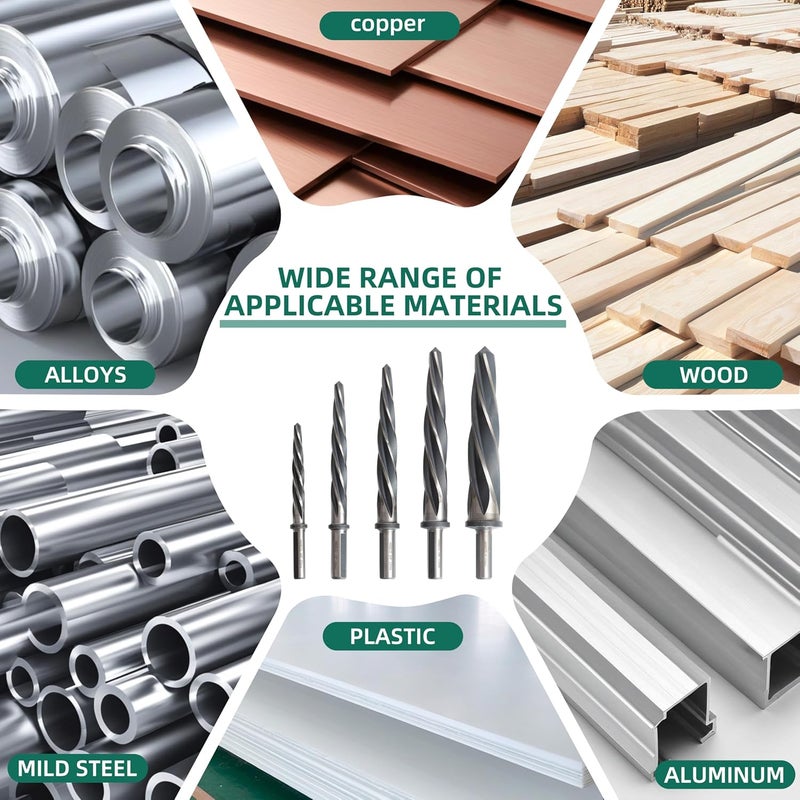Riyhch 5PCS M35 HSS Taper Chucking Reamer Set 3/8",1/2",5/8",3/4",1" Fit 3/8" or 1/2" Shank Construction Reamer Drill Bit Bridge Also for Wood Alloy Steel Metal Align The Existing Hole and Expand The Reamer - Image 5
